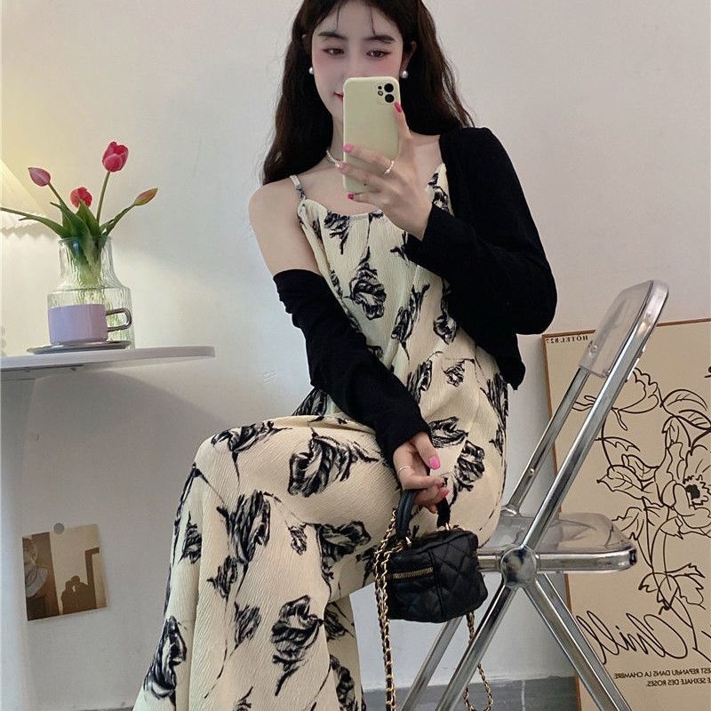 COZOK Bộ Đầm Hoa + Áo Khoác cardigan Dài Tay Xinh Xắn Dành Cho Nữ