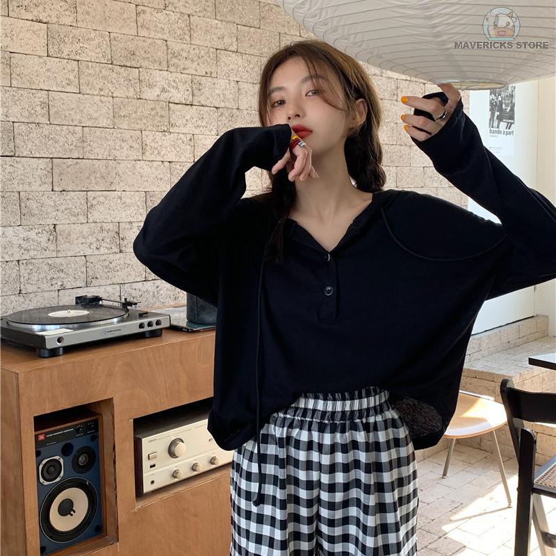 Áo hoodie tay dài dáng rộng phong cách Hàn Quốc dễ phối đồ thời trang mùa thu cho nữ