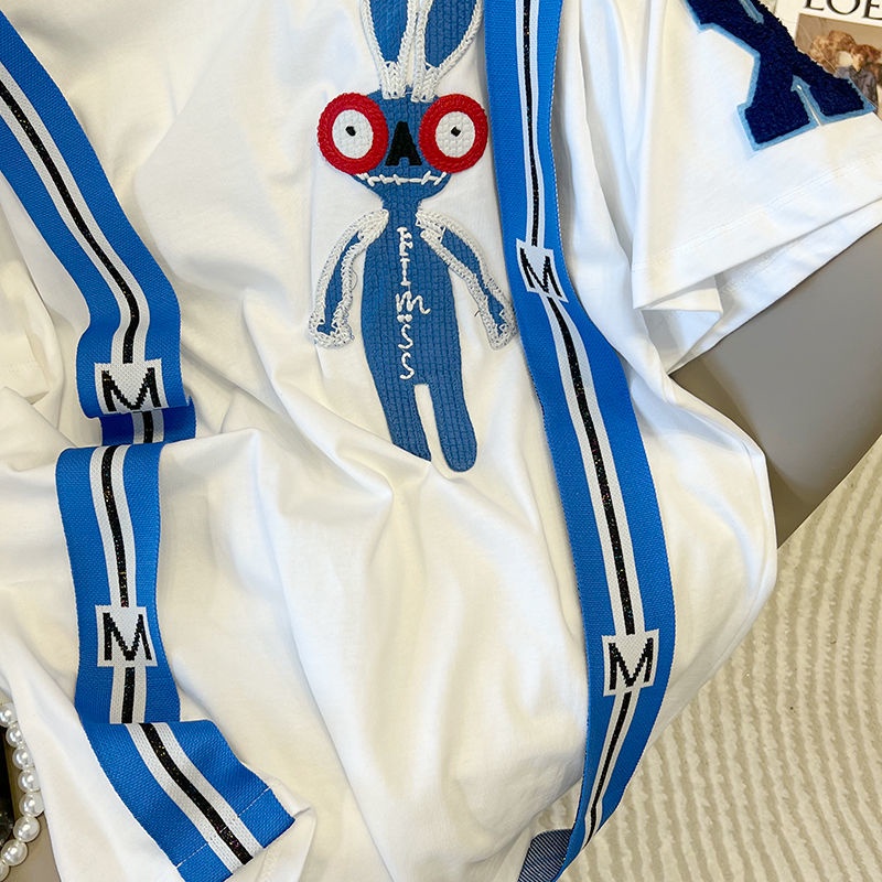 Áo Thun Tay Ngắn Thêu Họa Tiết Hoạt Hình Phối Ruy Băng Thời Trang Mùa Hè Cho Nữ 2022