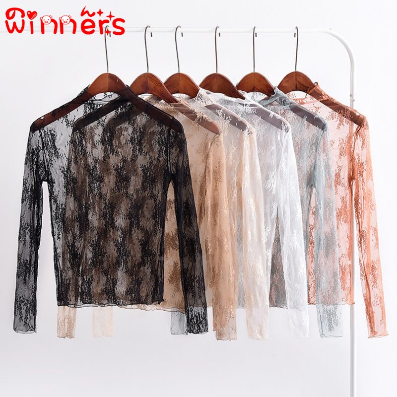 Áo Thun Tay Dài Cổ Cao Phối Lưới Chất Liệu Co Giãn Màu Sắc Thanh Lịch