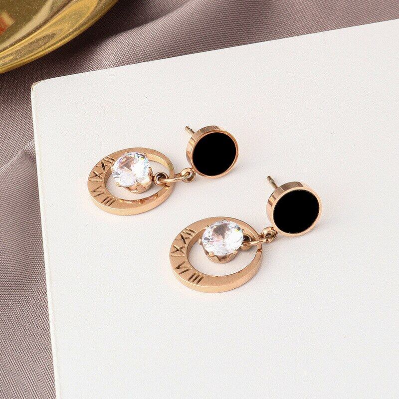Bông Tai Tròn Bằng Thép Không Gỉ 316 Đính Đá Zircon Màu Vàng Hồng Thời Trang