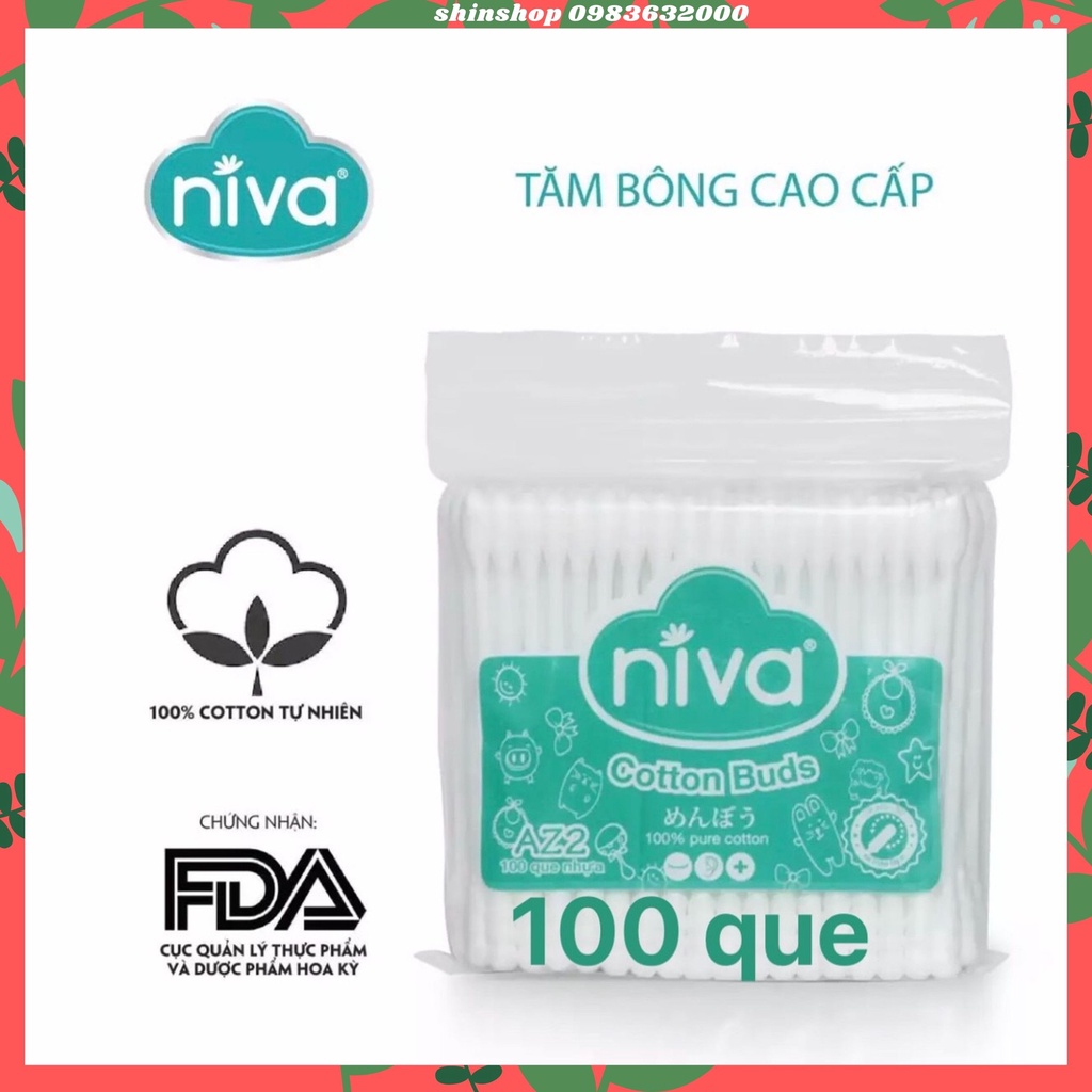 Tăm bông ngoáy tai cao cấp người lớn 100 que nhựa Niva AZ2 Bông Y tế Nhập khẩu từ Mỹ