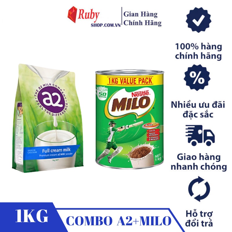 Sữa A2 Úc nguyên kem / Tách Beis gói 1 Kg Và Milo Lon 1Kg