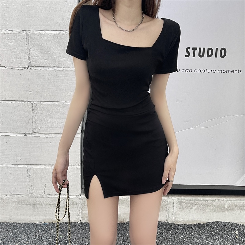 Đầm SUXI màu đen tay ngắn cổ vuông ôm dáng quyến rũ thời trang mùa hè