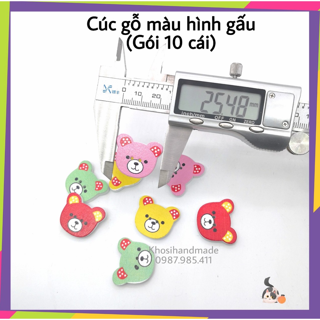 Cúc gỗ trang trí hình gấu nhiều màu (Gói/10 cái)