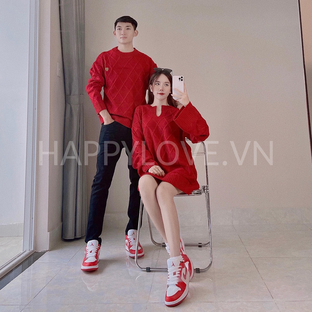 Set Áo len đôi nam nữ Quảng Châu form rộng màu Đỏ thêu Trái Tim HAPPYLOVE, Set Đồ Đôi Đầm nữ Áo nam đẹp rẻ Couple H25