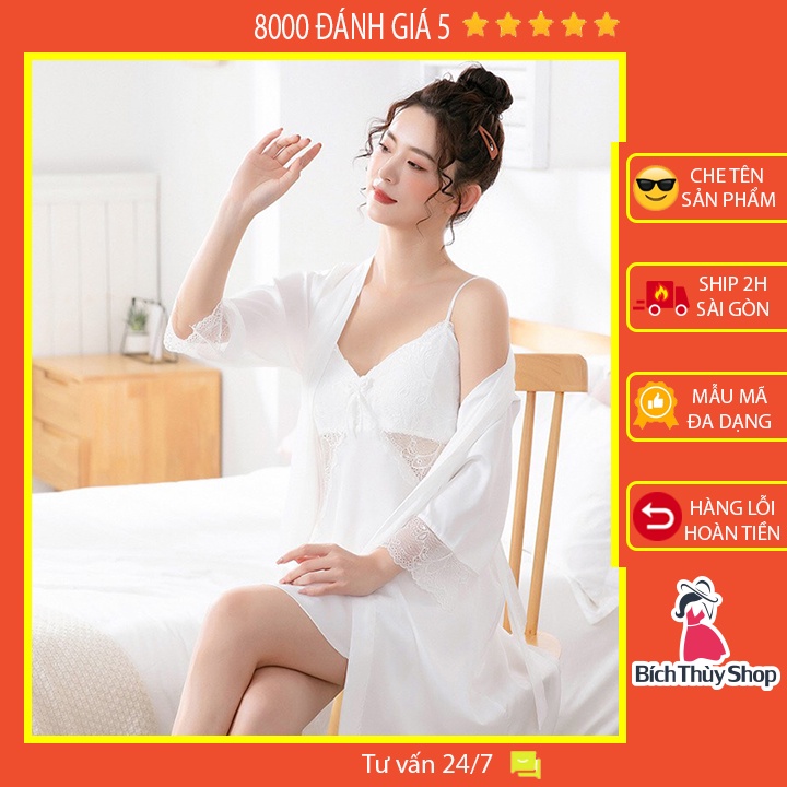 Set ngủ lụa sexy xuyên thấu eo có sẵn mút ngực màu trắng sang trọng