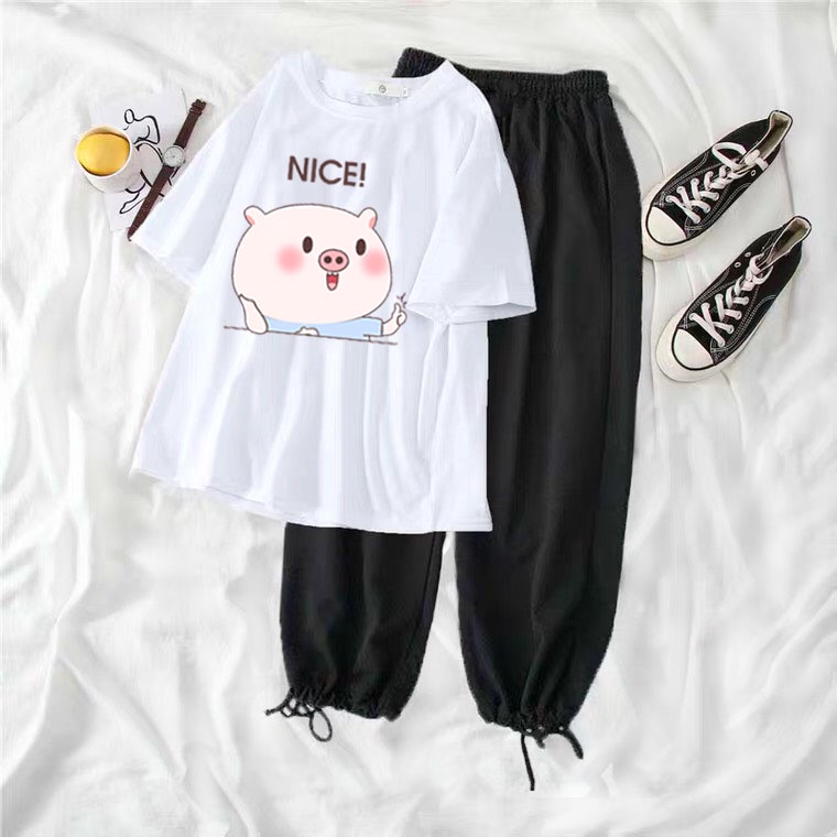 Sét áo phông Lợn n.ic.e + quần bom, Áo thun from rộng, Chất đẹp không xù, quần suông ống rộng, Sét bộ mặc ở nhà - MODY