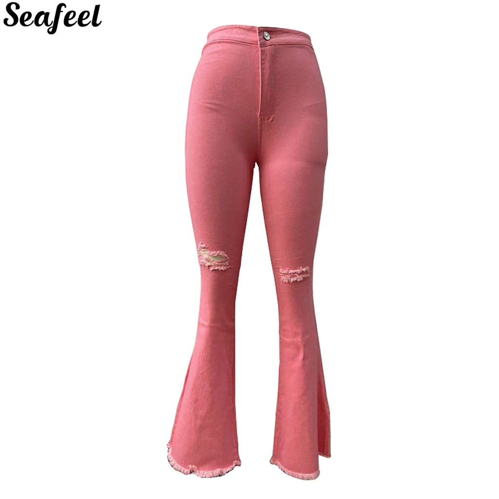 sf_ Zipper Fly Lady Jeans Long Bodycon Wide Leg Ripped Jeans Bootcut for Work