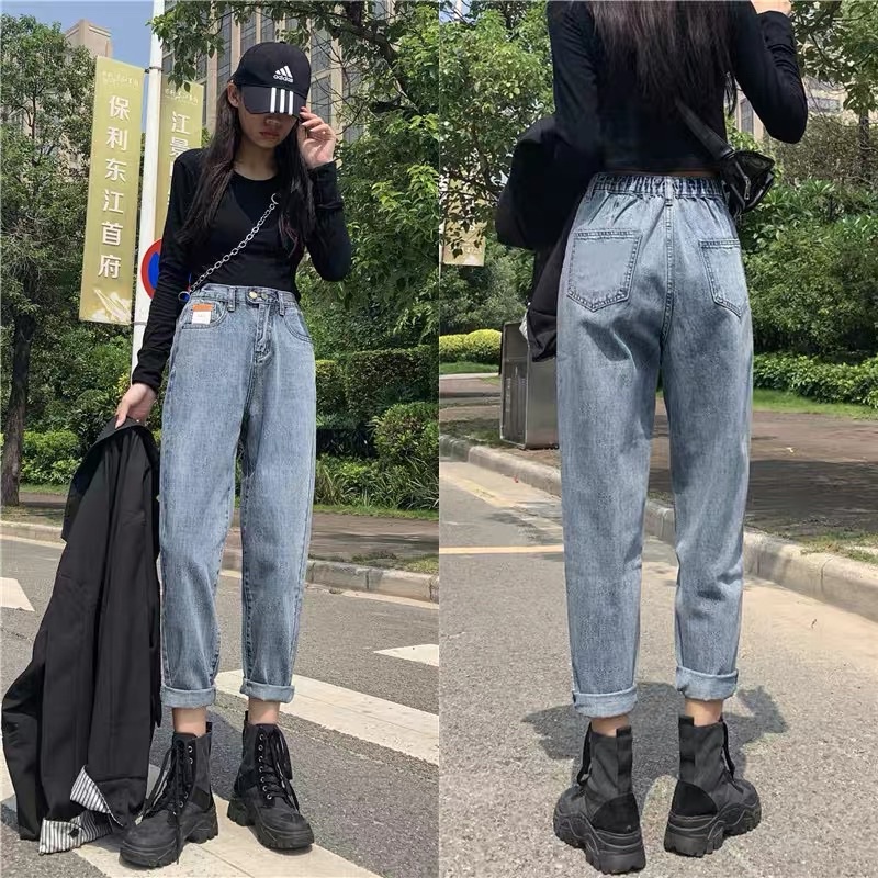 Quần Jean Lưng Chun 2 Nút Baggy Nữ Ống Suông Lưng Cao Quảng Châu