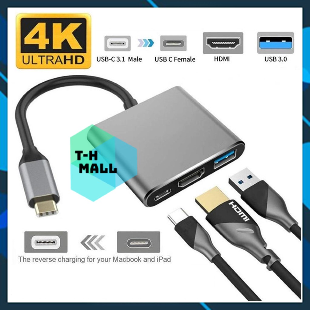 Bộ Chuyển Đổi Hub 3 trong 1 Type C Sang HDMI USB 3.0 Type-C 3 in 1 hỗ trợ 4K