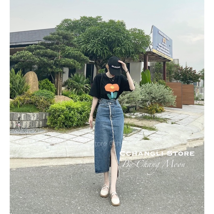 chân váy jean ( bò ) dáng dài Midi xẻ lai style Ulzzang, chân váy bò tua xả lai tua rua( hình thật 100%)