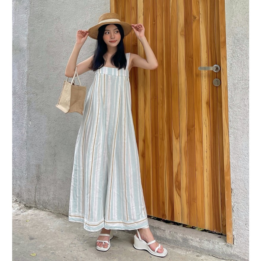 Bộ jumpsuit MIEU oversize sọc màu - HA05 (FS Xanh sọc)