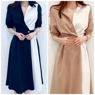 Đầm váy freesize sơ mi phối trắng form dài 2 màu