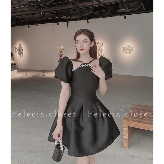 ĐẦM CỔ CHÉO VIỀN ĐÁ TAY BỒNG