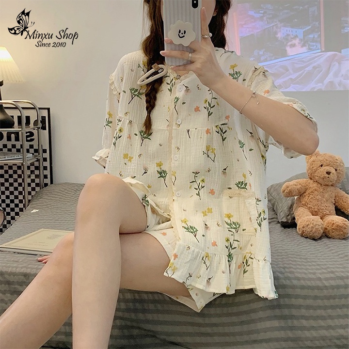Bộ mặc nhà vải cotton sữa mềm mịn,kiểu sang trẻ trung dễ thương Minxu Shop AX