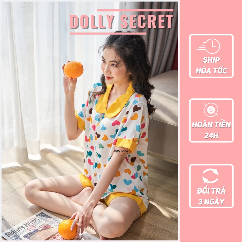 Đồ bộ Pijama ngắn tay cộc quần đùi lụa mango cổ tròn họa tiết trái tim chấm bi đáng yêu DOLLY SECRET CC04