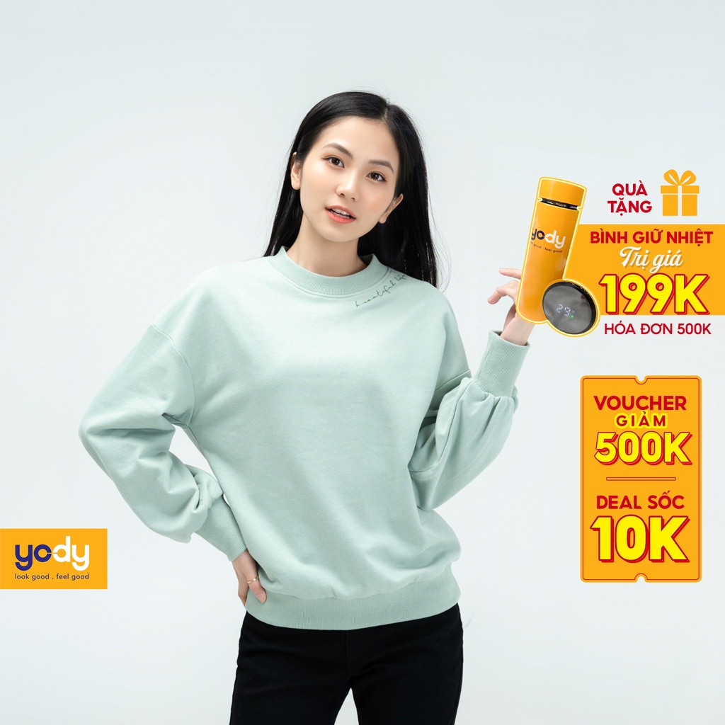 Áo nỉ nữ cổ tròn tay bồng YODY vải cotton ấm áp, mềm mịn, không bai xù ATN4372
