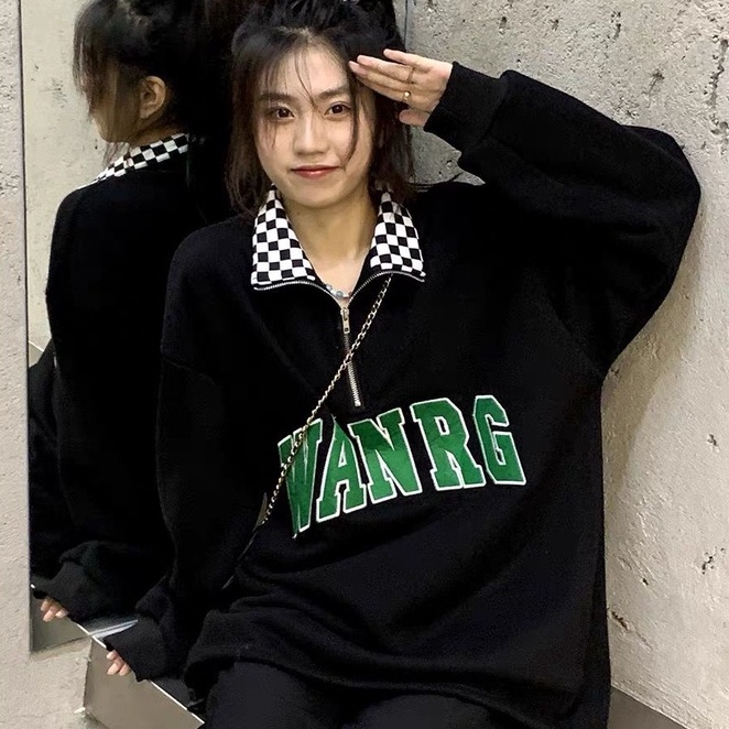 Áo Sweater Cổ Polo Dáng Rộng In Chữ Thời Trang Cho Cặp Đôi