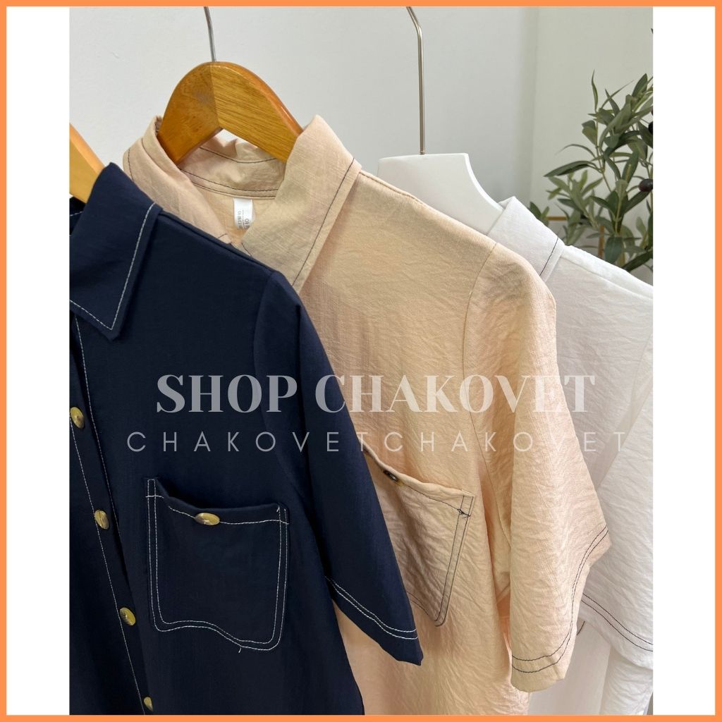 Váy sơ mi nữ dáng ulzzang cộc tay 2 túi V.8292 kiểu đầm vintage dáng suông trơn cúc gỗ viền chỉ nổi cực xinh đẹp