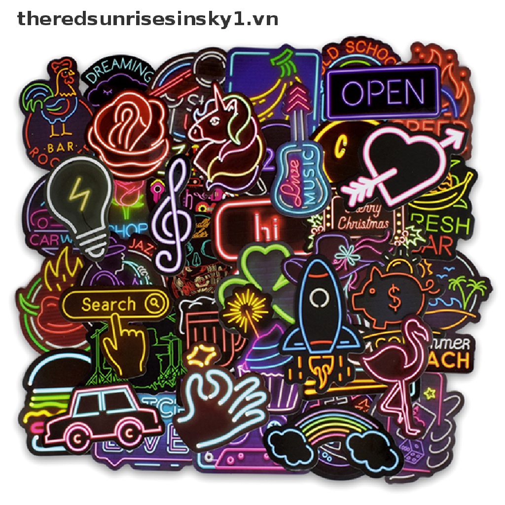 Set 50 Miếng Dán Màu neon Dễ Thương Trang Trí Vali / laptop / guitar