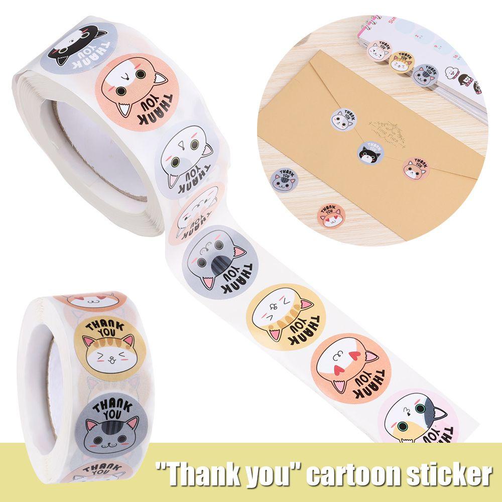 CONOPERYCuộn 500 nhãn dán giấy kraft  in chữ thank you tự dính mạnh họa tiết mèo hoạt hình dùng trang trí hộp quà