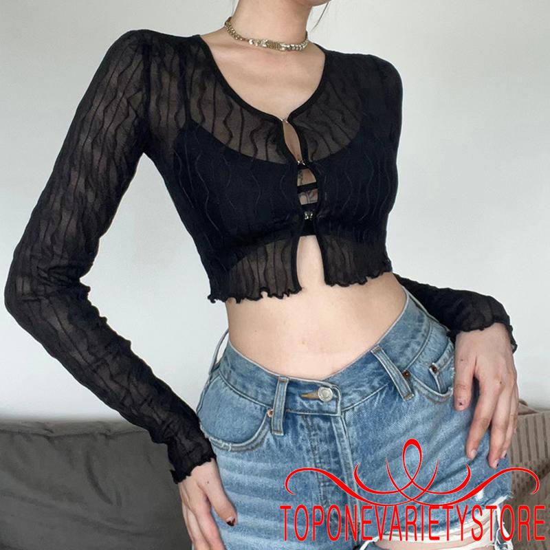 Áo Croptop Tay Dài Màu Trơn Khóa Kim Loại Xuyên Thấu Thiết Kế Đơn Giản Cho Nữ