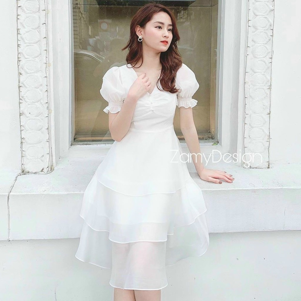 |Hàng Quảng Châu| Váy Dáng Xoè Xếp Tầng Tay Phồng Vải Voan Nút Ngực Siêu Xinh ♥