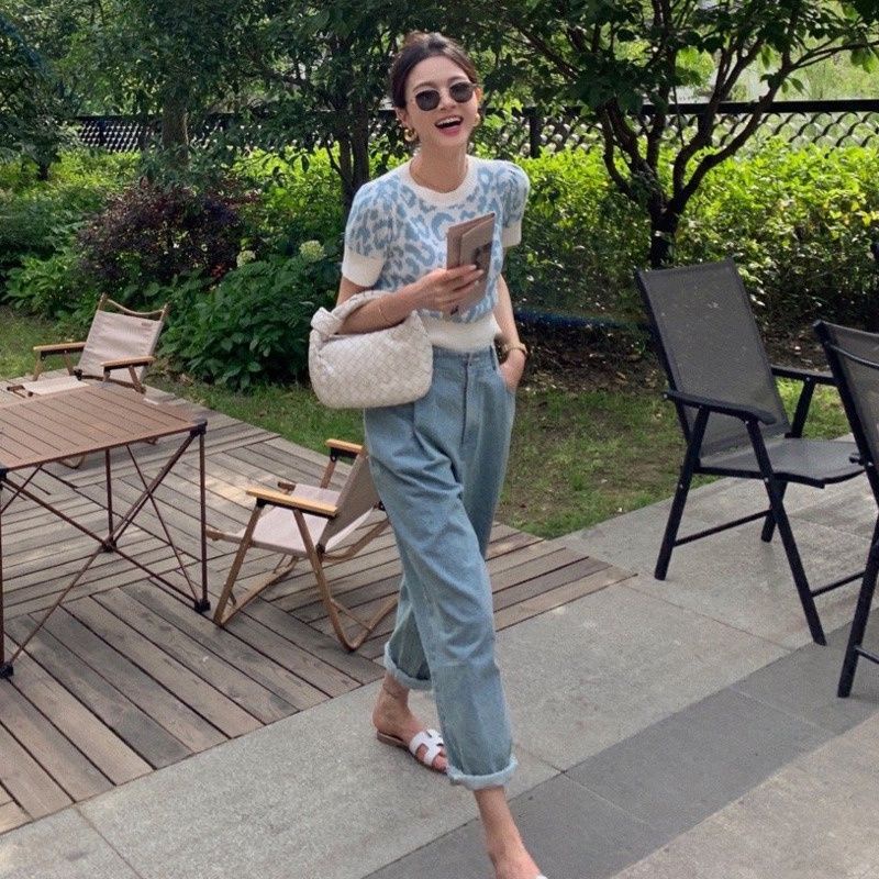 Áo dệt kim tay ngắn cổ tròn in da báo thời trang phong cách retro