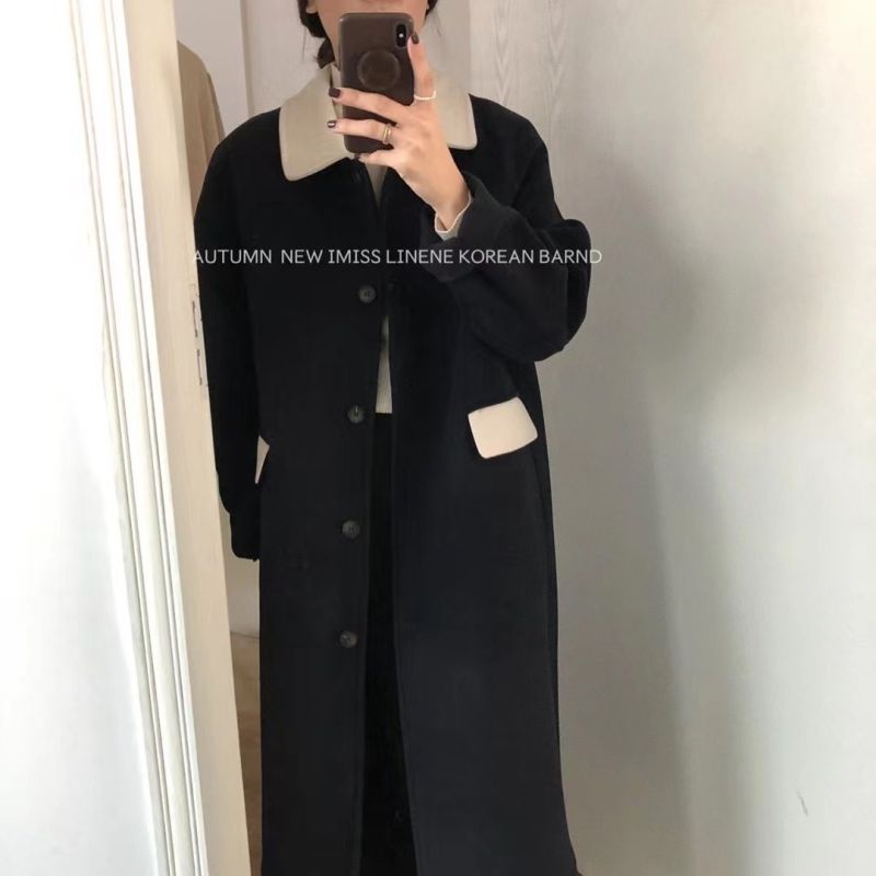 [Spot] Áo Khoác Len Ôm Dáng Vừa Vặn Đơn Giản Thời Trang Hàn Quốc Cổ Điển Tương Phản Cho Nữ