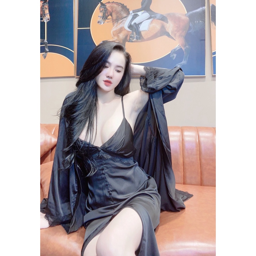 Đầm Ngủ Sexy Dáng Dài 2 Dây Nút Bọc Xẻ Tà Kèm Áo Choàng Lụa Cực Mát Freesize