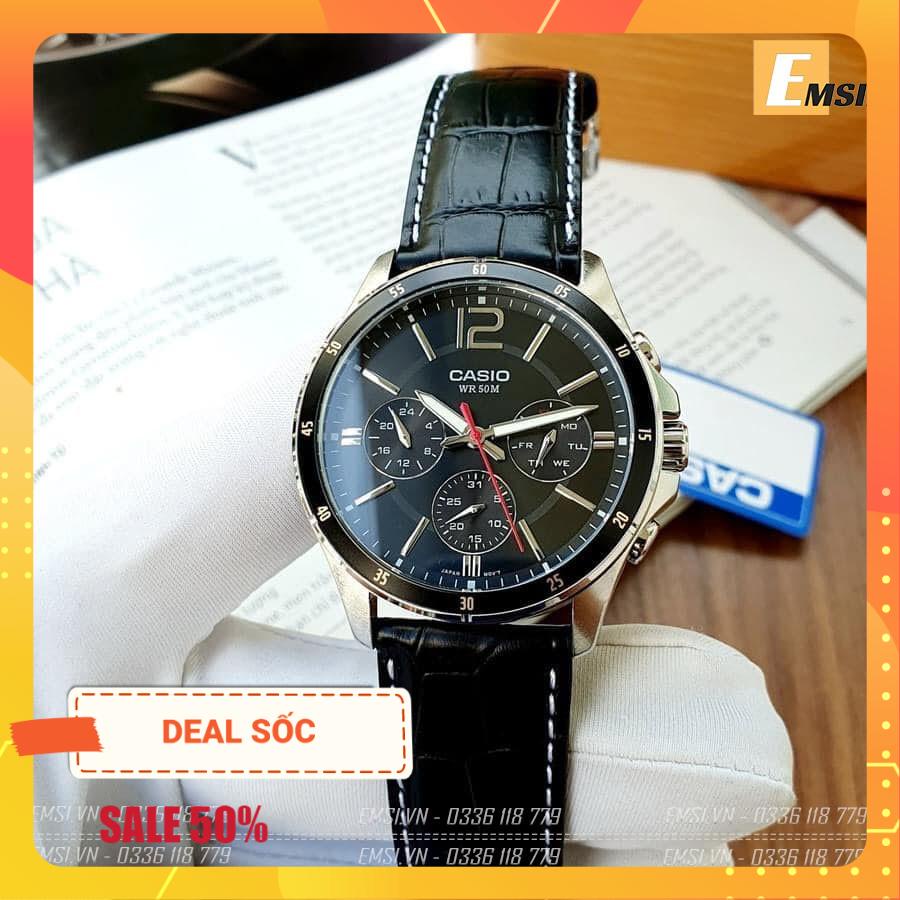 Đồng hồ nam CCasio MTP-1374L-1AVDF 6 Kim - Dây da màu đen - Size 43mm