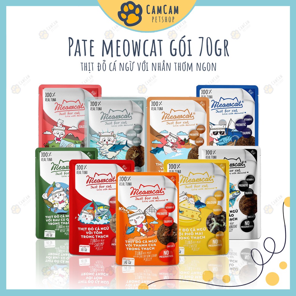 Pate cho mèo Meowcat Gói 70gr - Thức ăn cho mèo dạng thạch với thành phần chính cá ngừ và đa dạng nhân thơm ngon