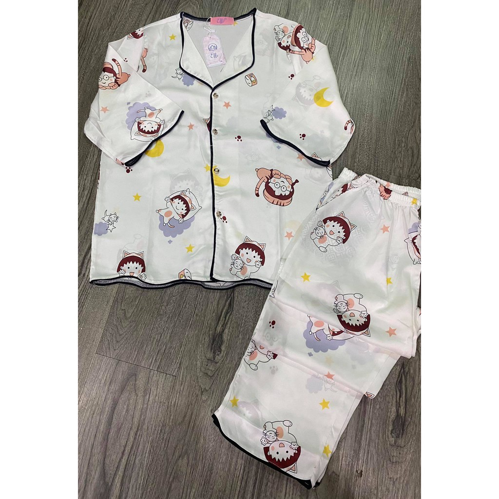 BỘ PIJAMA SATIN QUẦN DÀI CỔ  SƠ MI LẶT, VIỀN ĐEN MÁT CHỐNG NHĂN