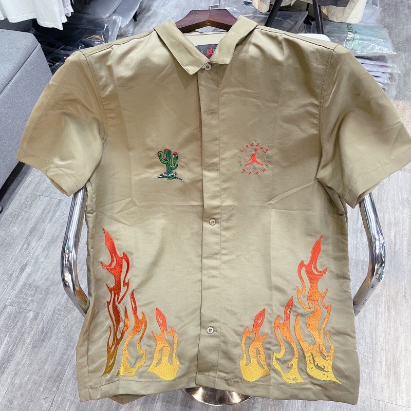 Áo Travis Scott Cactus Jack x Jordan Button Down Shirt Khaki/University Red