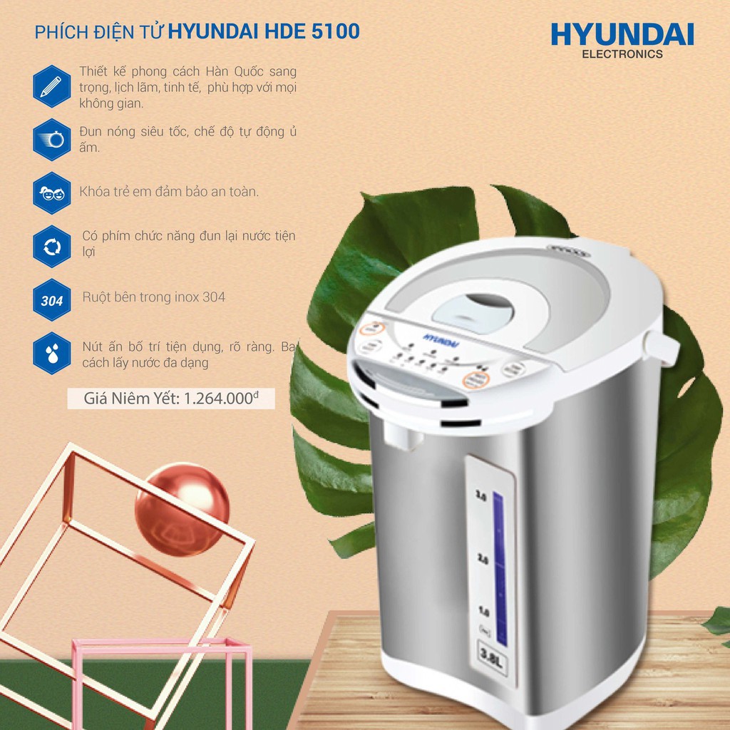 Phích điện tử Hyundai HDE 5100, Công suất 750W, Bảo hành 12 tháng.