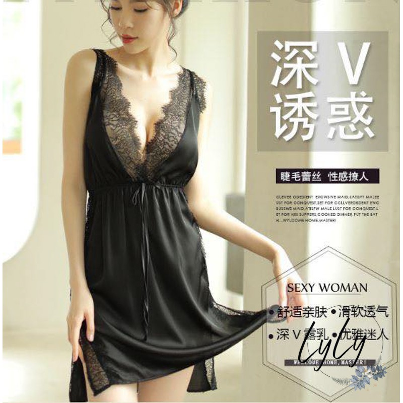 Váy ngủ lụa VN056 sexy viền ren xẻ tà gợi cảm kèm quần chip | BigBuy360 - bigbuy360.vn