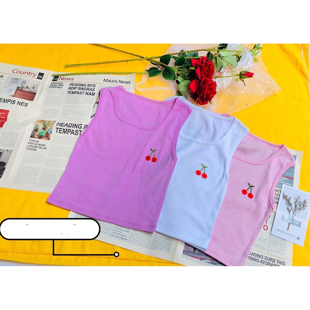 Áo kiểu cọc tay cổ tròn thêu trái cherry xinh xắn siêu xinh xắn