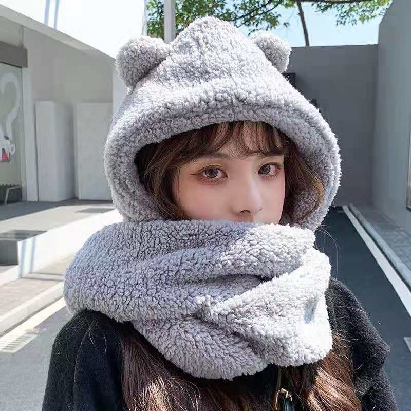 Mũ lông tai gấu có khăn quàng cổ phong cách Hàn Quốc