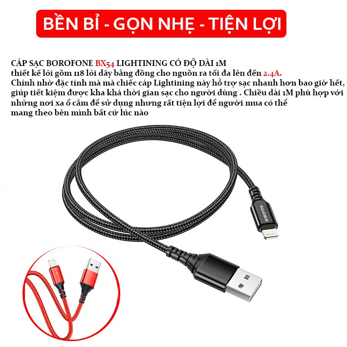 Cáp Sạc IPhone Dây Dù Borofone BX54 Lightining Chính Hãng 1M Sạc Nhanh Cho IPhone , Ipad Chống Đứt Gãy