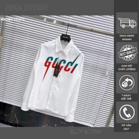 Áo Sơ Mi Gucci Sét, Sơ Mi Trắng Dài Tay In Hình 3d Cao Cấp Không Nhắn Thấm Hút Mồ Hôi !