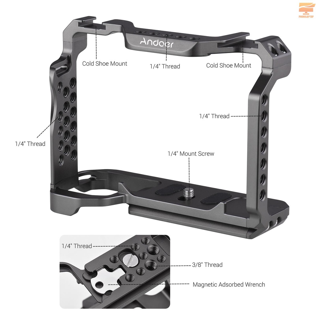 Andoer Aluminum Alloy Camera Cage with Dual Cold Shoe Universal 1/4 3/8inch Threaded Holes with Magnetic Wrench Replacement for Sony A7SIII