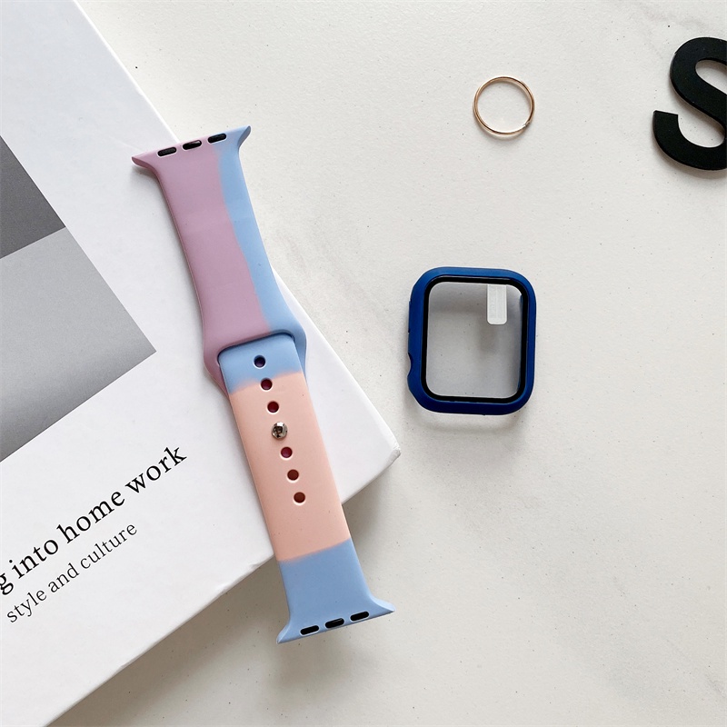 Dây đeo thay thế bằng silicon+vỏ bảo vệ đồng hồ thông minh Apple Watch 44mm 40mm 42mm 38mm Series 7 6 SE 5 4 3 2 trong 1