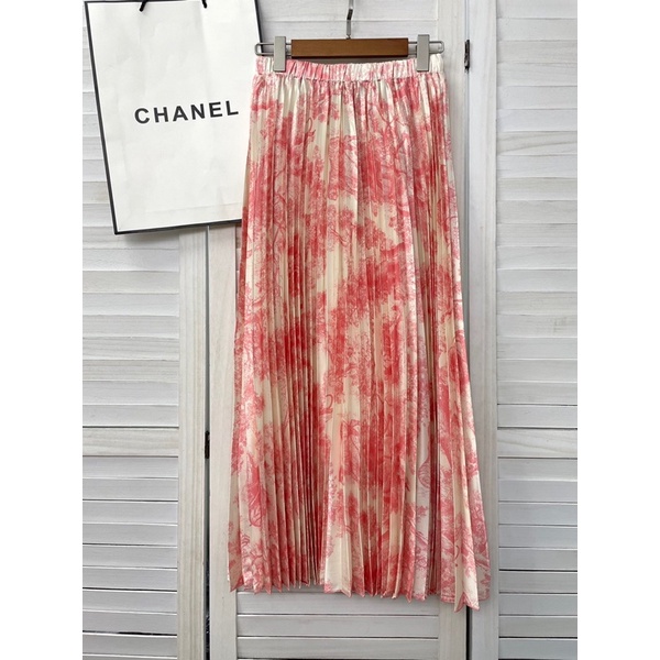 Chân váy dài xếp ly hoạ tiết hoa thương hiệu Dior CD cao cấp