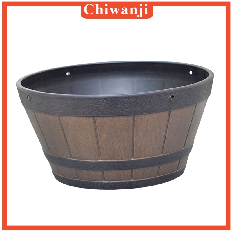 Resin  Barrel Planter Round Garden Flower Pot Decor Hangable Plant Container Busket Brown 12inch