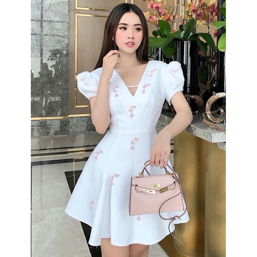 Đầm xòe thiết kế dự tiệc tay phồng họa tiết nổi cao cấp và sang trọng