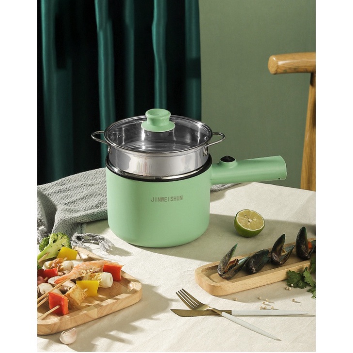 Ca Nấu Mì Dài, Nồi Lẩu Điện Mini 18cm Dantemei Cao Cấp Kèm Giá Hấp Inox, Tay Cầm Dài Tiện Lợi 2 Nắc Nhiệt