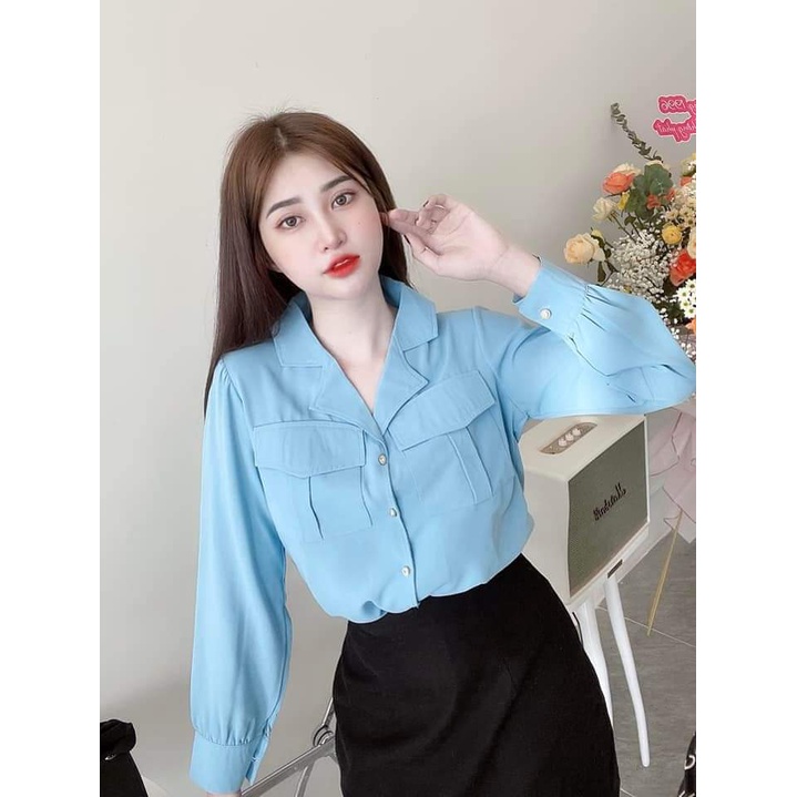 ÁO SƠ MI NỮ XANH DÀI TAY CHẤT ĐŨI MỀM MỊN CỔ VEST CÙNG CÚC NGỌC ĐÍNH ĐÁ SIÊU SANG CHẢNH LISA AM90