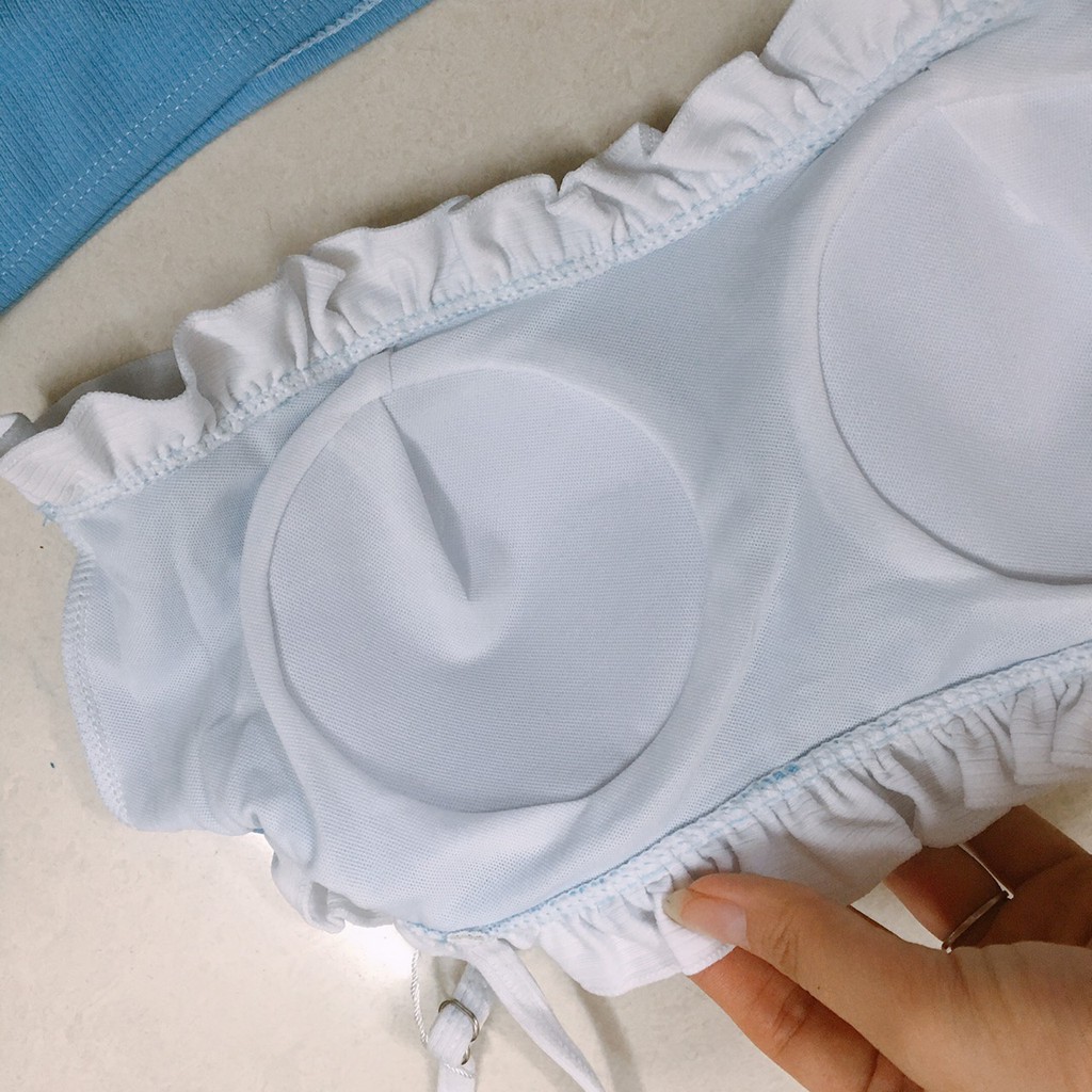 Bikini, đồ bơi 2 mảnh áo ống xanh duơng dễ thương chất vải thun gân (hàng Quảng Châu loại 1)