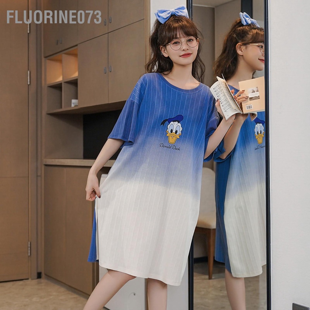 Fluorine073 Váy ngủ mùa hè Thân thiện với làn da Chiều dài đầu gối Dệt kim cotton ngắn tay Áo cho phụ nữ